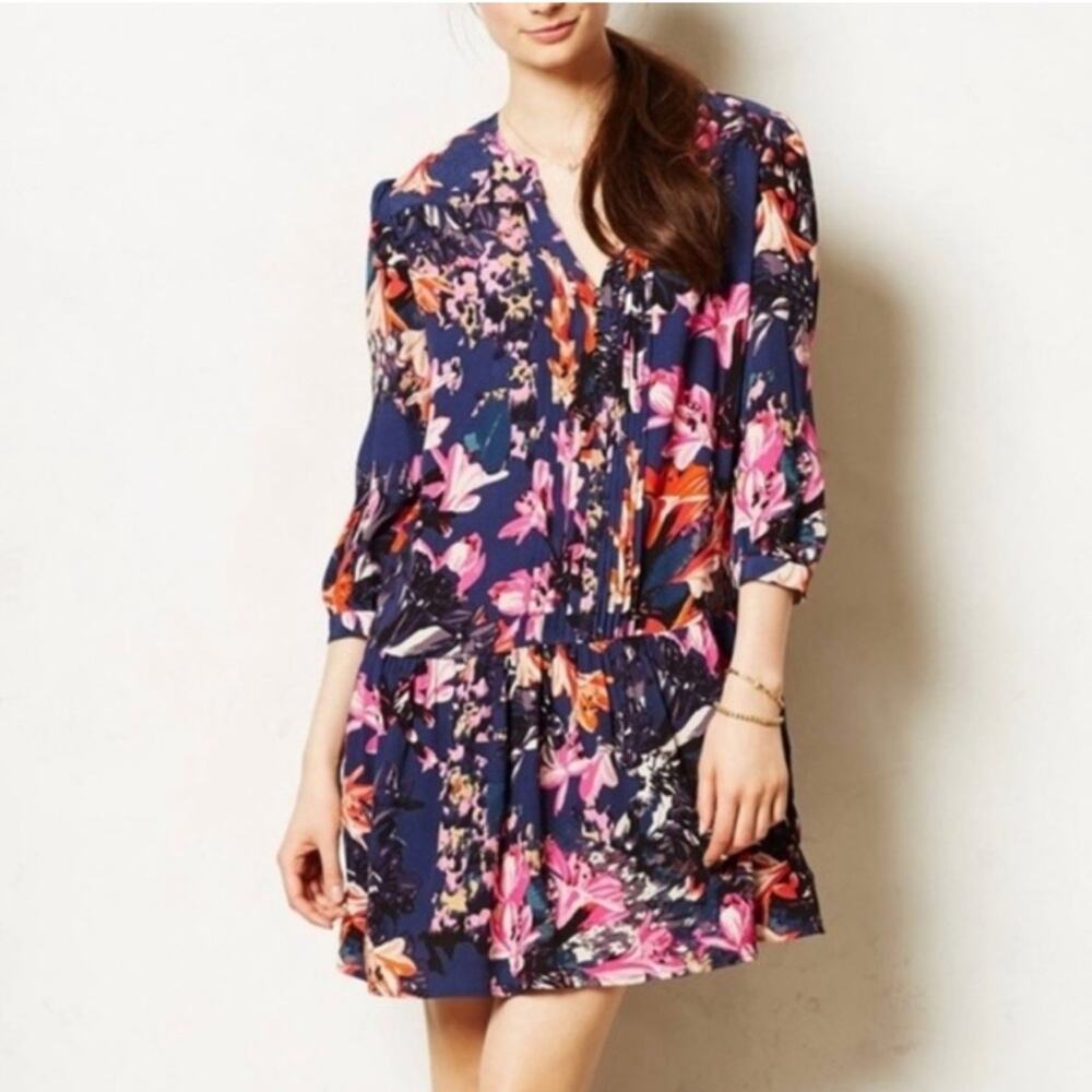 Anthropologie Maeve Caravane Boho Tunic Navy Floral V-Neck Drop Waist Dress
